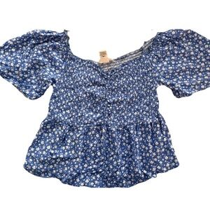 Blue Floral Smocked Peasant Crop Top Cottage core Coquette Fairy